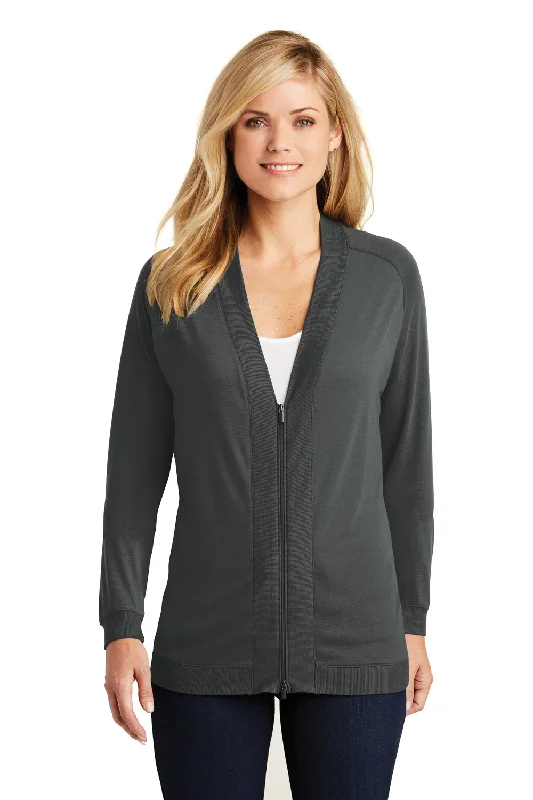 Cardigan with belt -Port Authority Womens Concept Bomber Long Sleeve Cardigan Sweater - Smoke Grey - Closeout