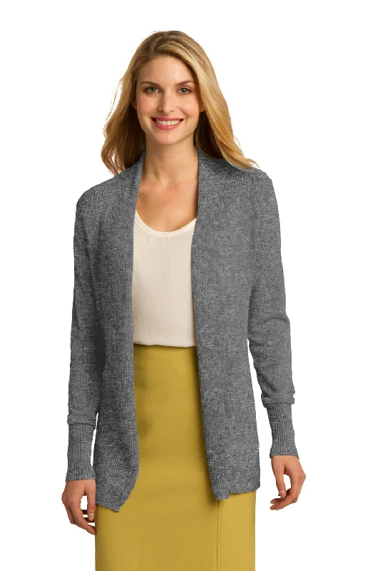 Cardigan with ribbed trim -Port Authority Womens Long Sleeve Cardigan Sweater - Heather Medium Grey