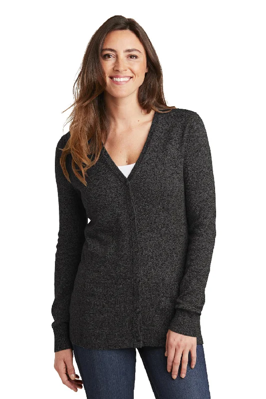 Cardigan in plus size -Port Authority Womens Long Sleeve Cardigan Sweater - Black Marl