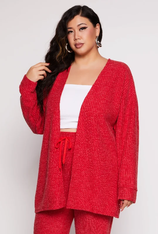 Cardigan in warm knit -Plus Size Ribbed Open Front Cardigan