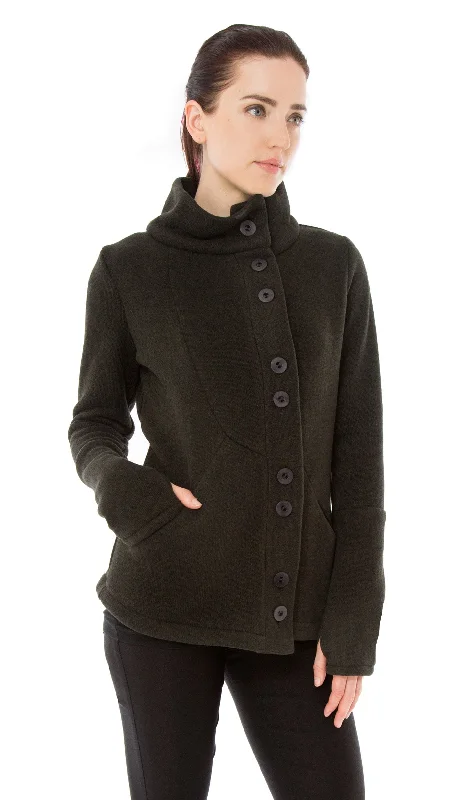 Cardigan with slit sleeves -Funnel Neck Ribbed Fleece Cardigan Jacket: Bark