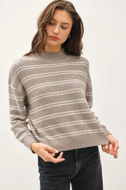 Pullover sweater with textured hem -Ribbed Knit Double Stripe Mock Neck Sweater