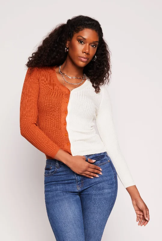 Cardigan in relaxed fit -Ribbed Knit Color Block Cardigan