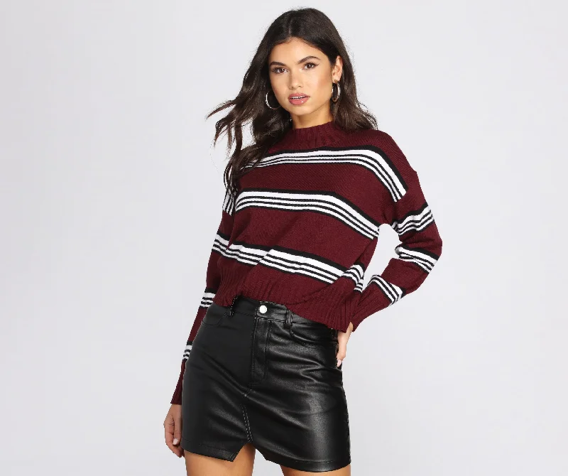 Pullover sweater with ribbed hem -Stripe The Way Mock Neck Sweater