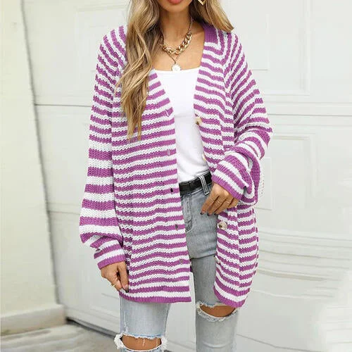 Cardigan with snap closure -Striped Button Down Long Sleeve Cardigan