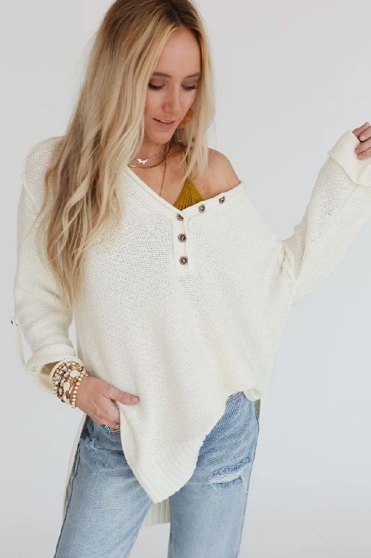 Pullover sweater with loose hem -Sweater Weather Henley - White