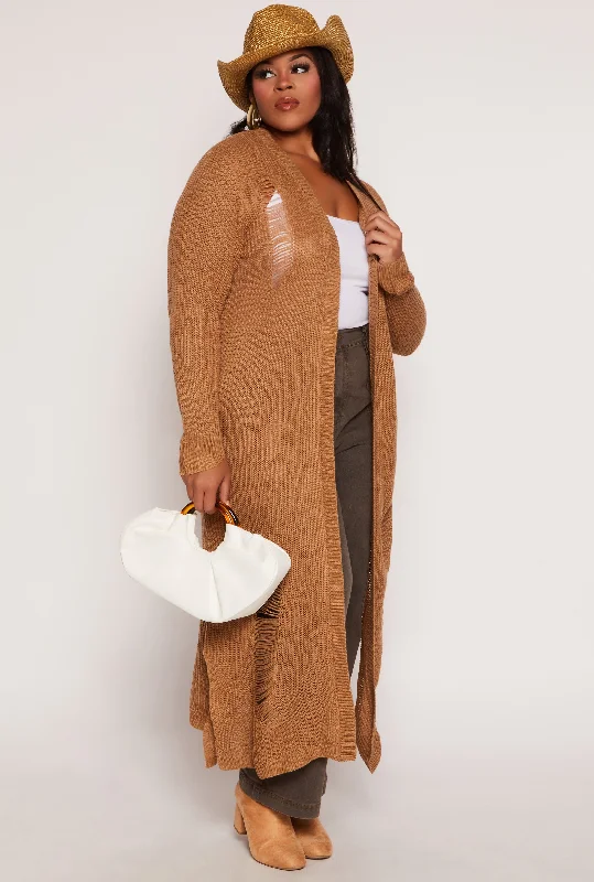 Cardigan in plush knit -Plus Size Solid Distressed Long Cardigan