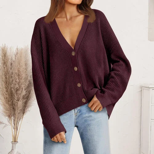 Cardigan with curved hem -V-Neck Button Front Cardigan