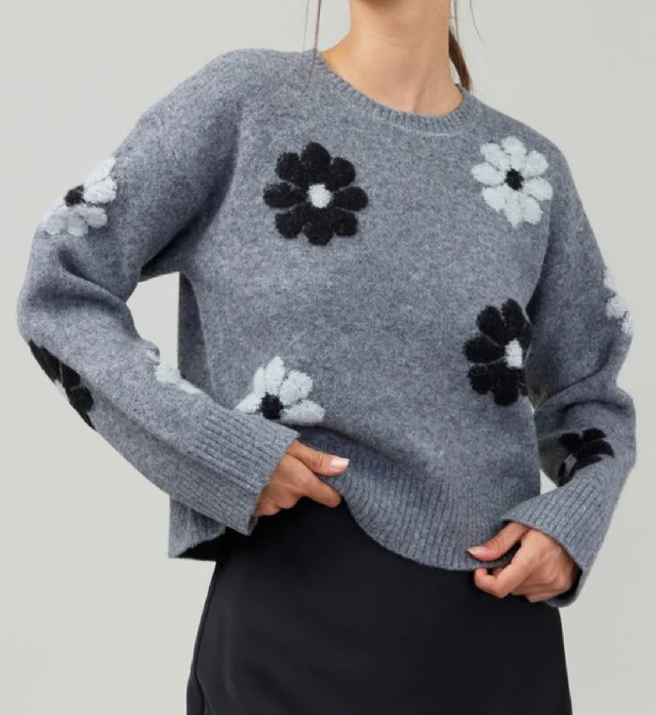 Pullover sweater for family outings -Willow Long Sleeve Crew Neck Flower Sweater