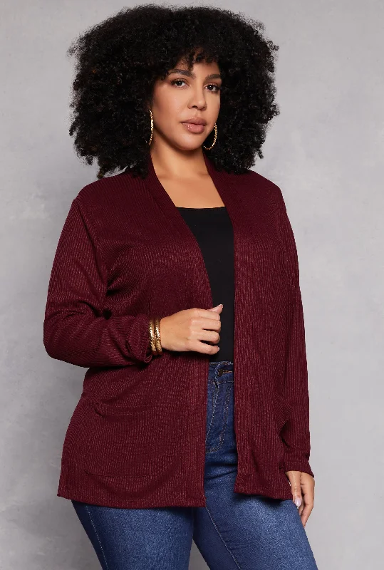 Cardigan for movie marathons -Plus Size Ribbed Knit Open Front Cardigan