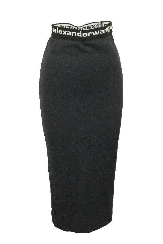 Black floral Skirts-Alexander Wang Logo Waistband High Waisted Pencil Skirt in Black Polyamide