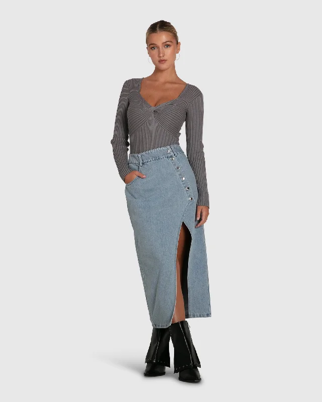 Gray festive Skirts-Can't Forget You Denim Midi Skirt