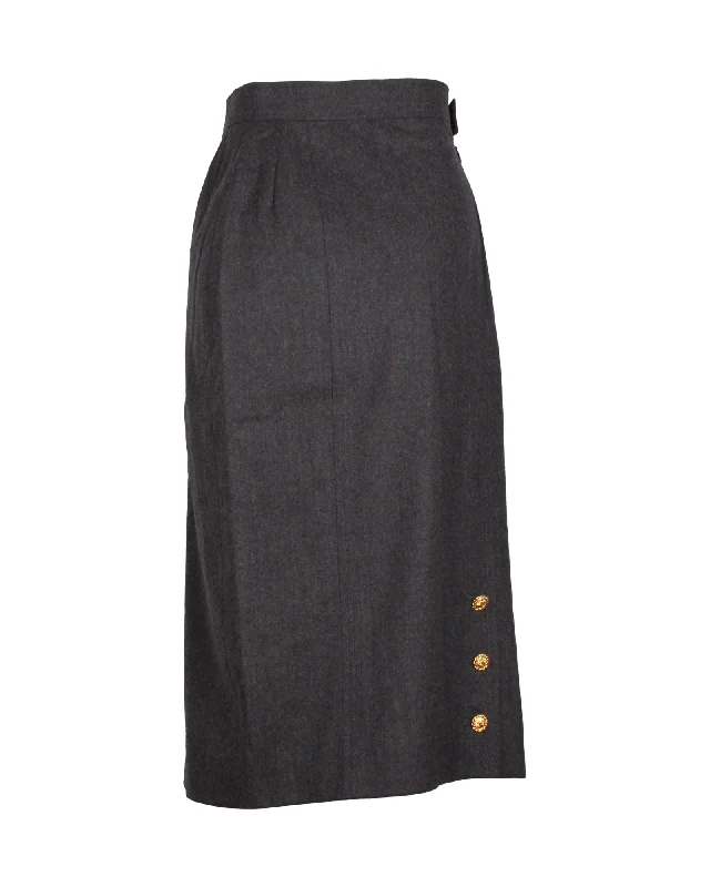 Affordable linen Skirts-Chanel Gold Button Midi Skirt in Grey Wool