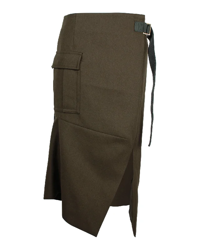 Budget polyester Skirts-Sacai Asymmetric Side Slit Skirt in Khaki Wool