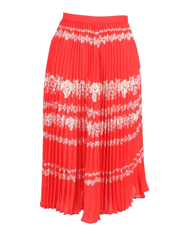 Ankle-length elegant Skirts-Self-Portrait Pleated Floral Midi Skirt in Red Polyester