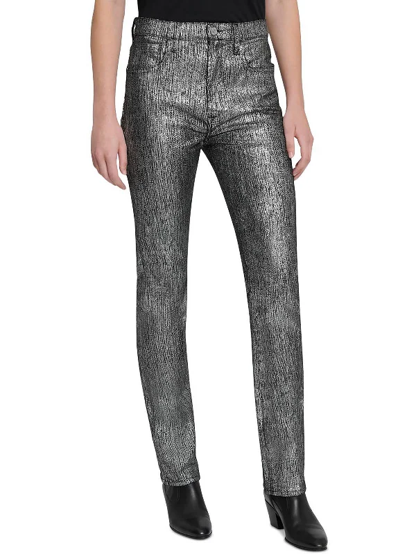 White rose print Pants-East Womens Metallic High Rise Slim Jeans