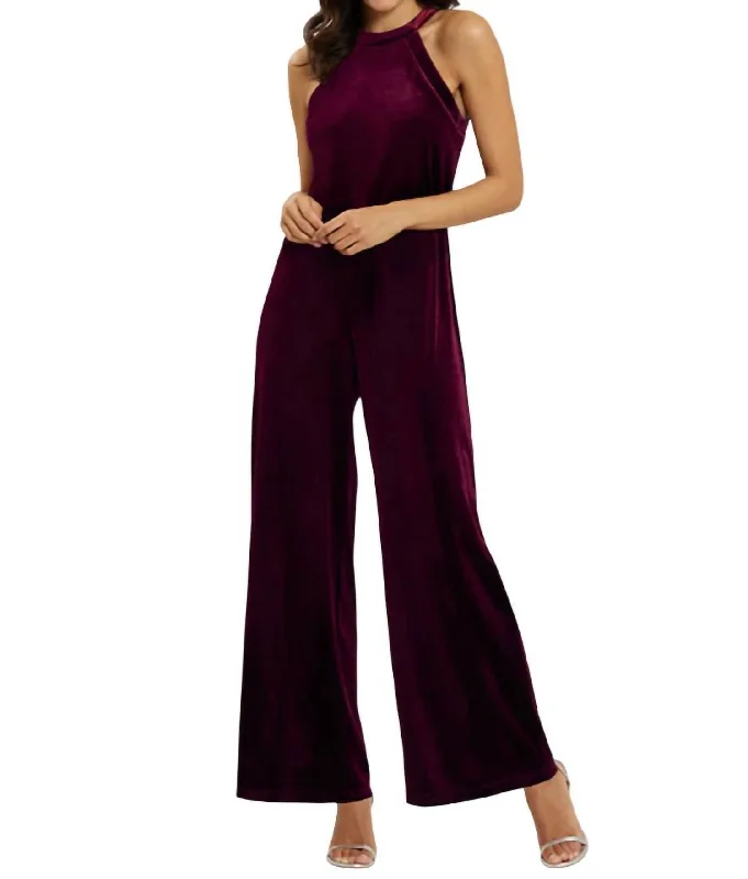 Red cargo-pocket Pants-Edie Velvet Jumpsuit In Garnet/sparkle