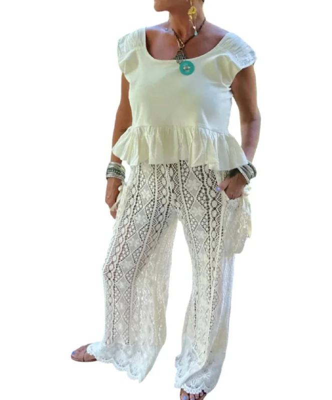 Purple sleek Pants-Golden Sun Lace Pants In White