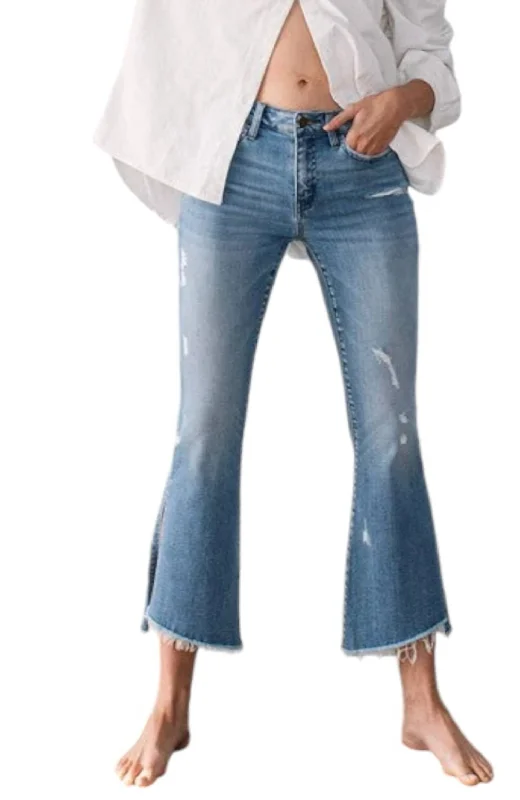 Blue blend Pants-Mid Rise Crop Flare With Slit Jeans In Blue