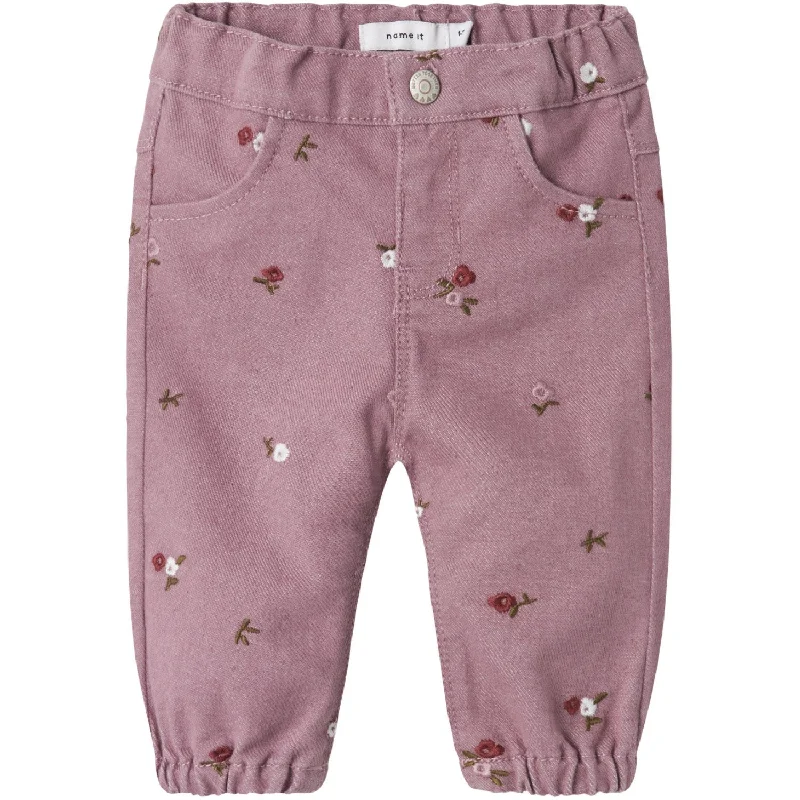 Red striped Pants-Name It Elderberry Embroidery Rose Loose Twill Pants