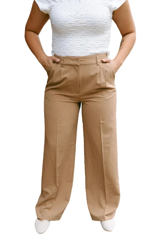 Purple zigzag Pants-Pinstripe Trousers In Tan