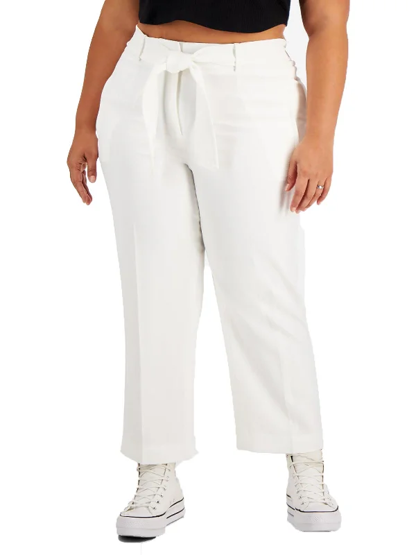 Blue thin Pants-Plus Womens Mid-Rise Tie-Waist Cropped Pants