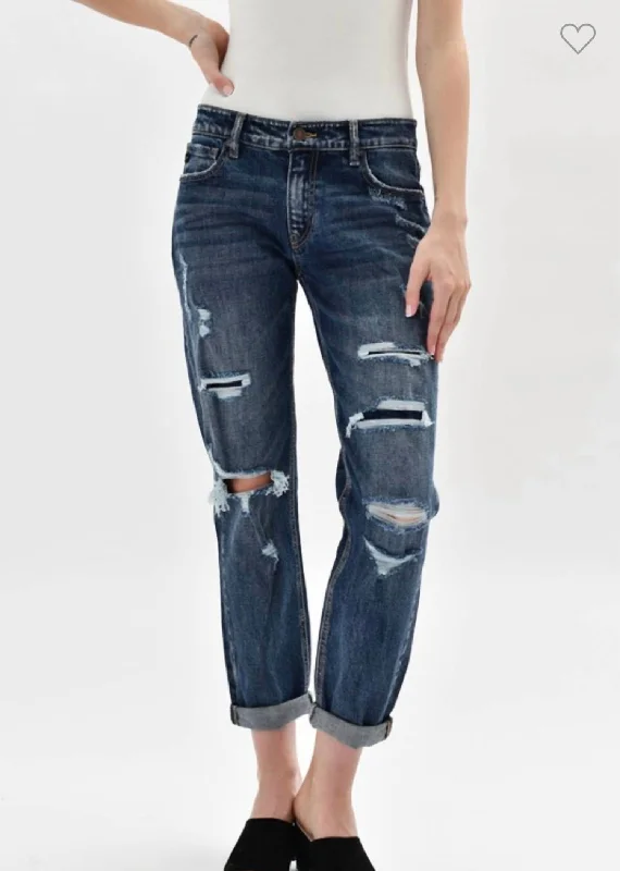 Red palm leaf Pants-Polly Mid Rise Boyfriend Jeans In Dark Wash