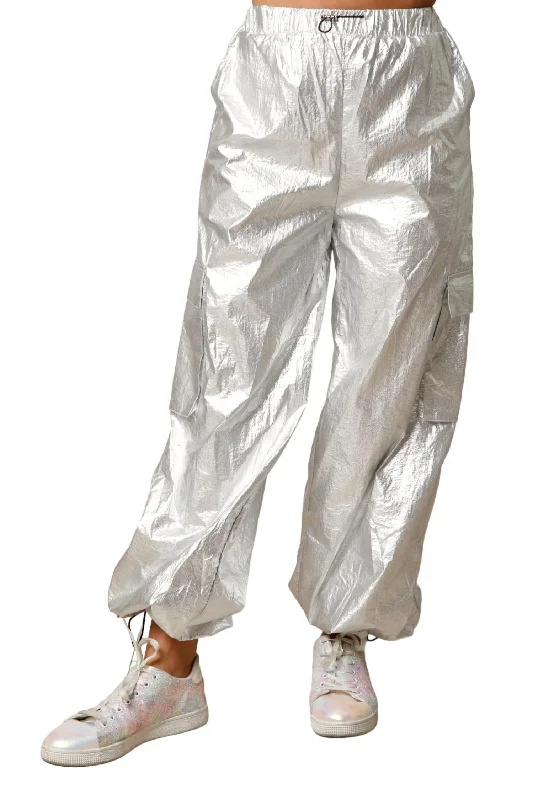 Orange flap-pocket Pants-Shiny Foil Parachute Pants In Silver