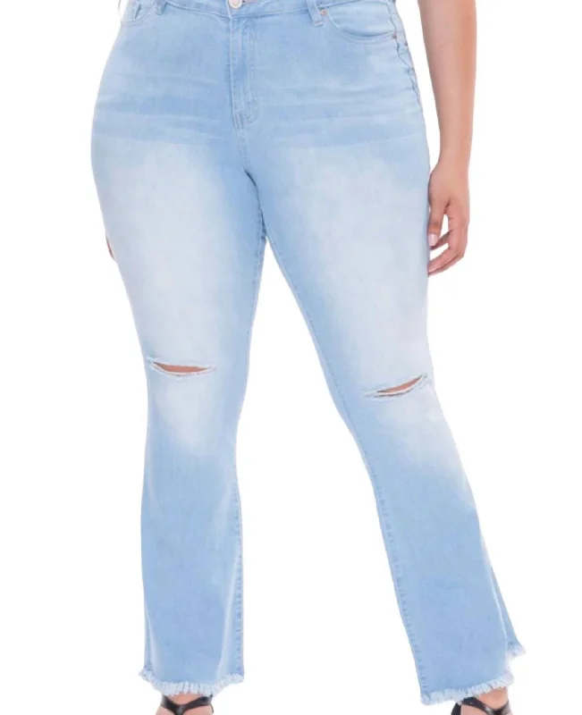 Orange event staff Pants-Single Button High Rise Super Flare Jeans In Light Blue Rips