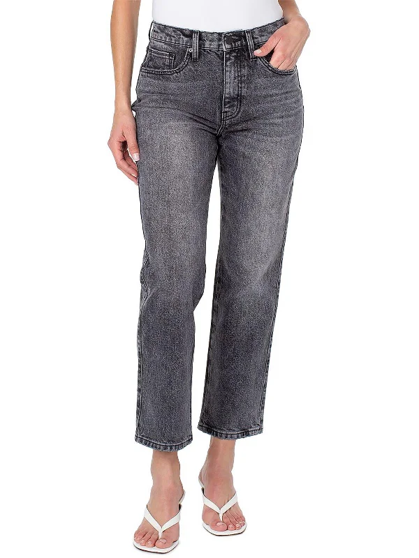 Premium leather Pants-Womens Faded Denim Straight-Leg Ankle Jeans